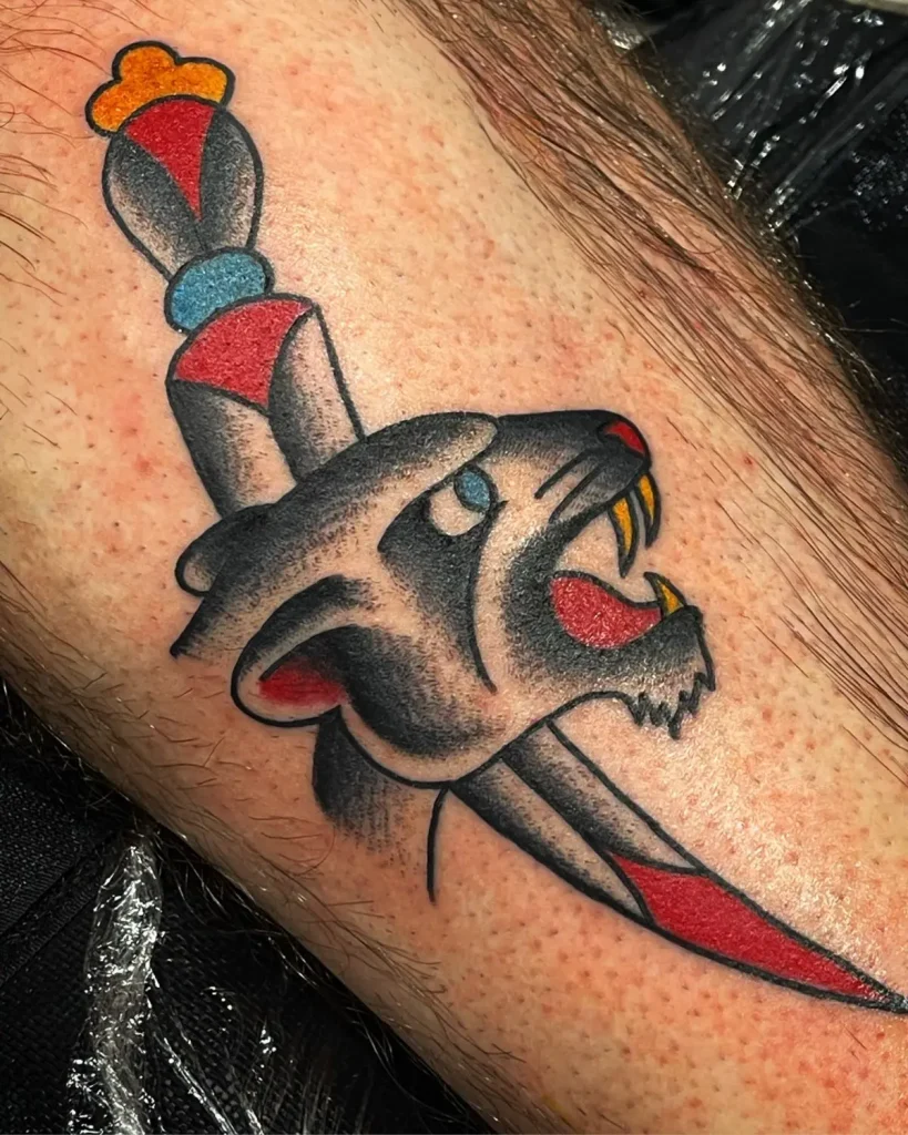 American traditional panther and dagger tattoo done at Good Company Tattoo in San Diego.