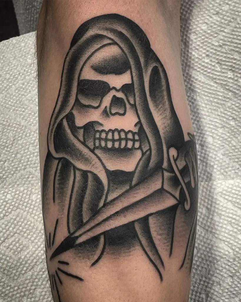 Black and grey grim reaper tattoo done at Good Company Tattoo in San Diego.