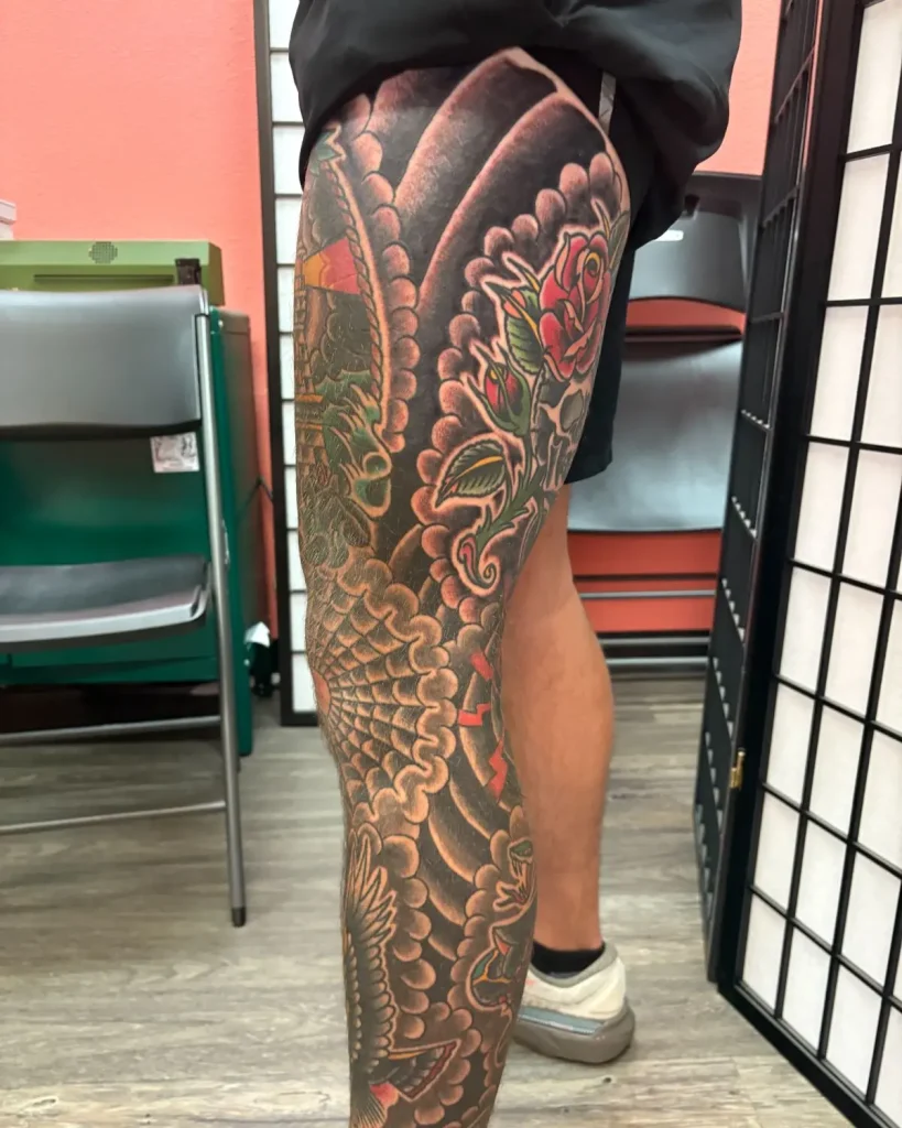 Japanese style leg sleeve tattoo done at Good Company Tattoo in San Diego.